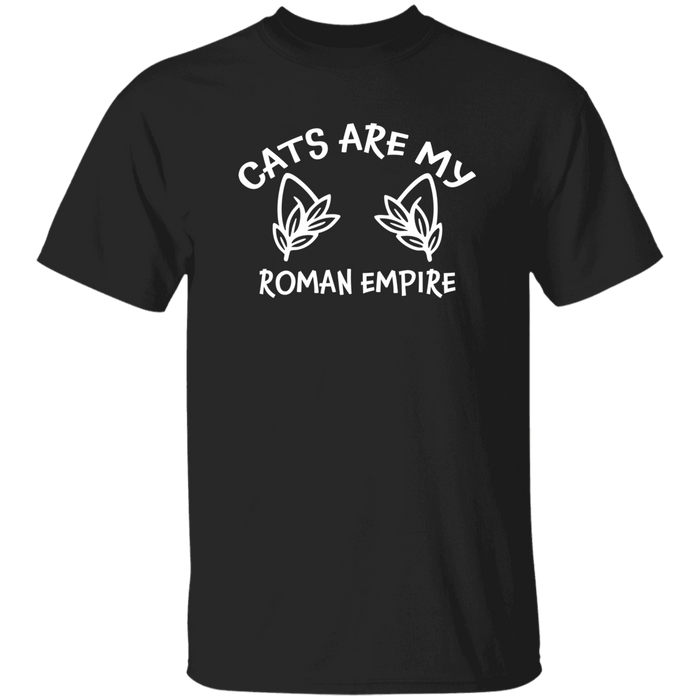 Black t-shirt with white text 'Cats Are My Roman Empire' on a white background