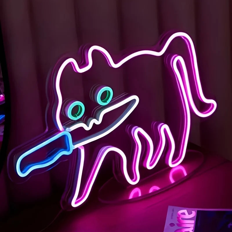 Vibrant LED neon sign of a cat holding a knife, glowing in pink, blue, and white against a dark background, perfect for cat lovers who enjoy unique, playful décor.