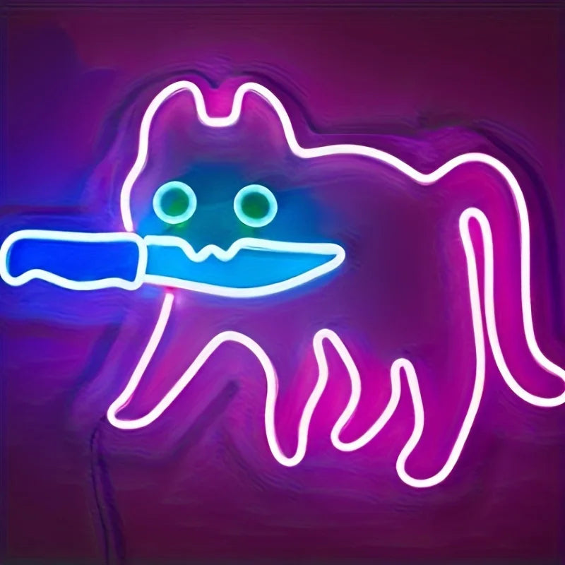 Vibrant LED neon sign of a cat holding a knife, glowing in pink, blue, and white against a dark background, perfect for cat lovers who enjoy unique, playful décor.