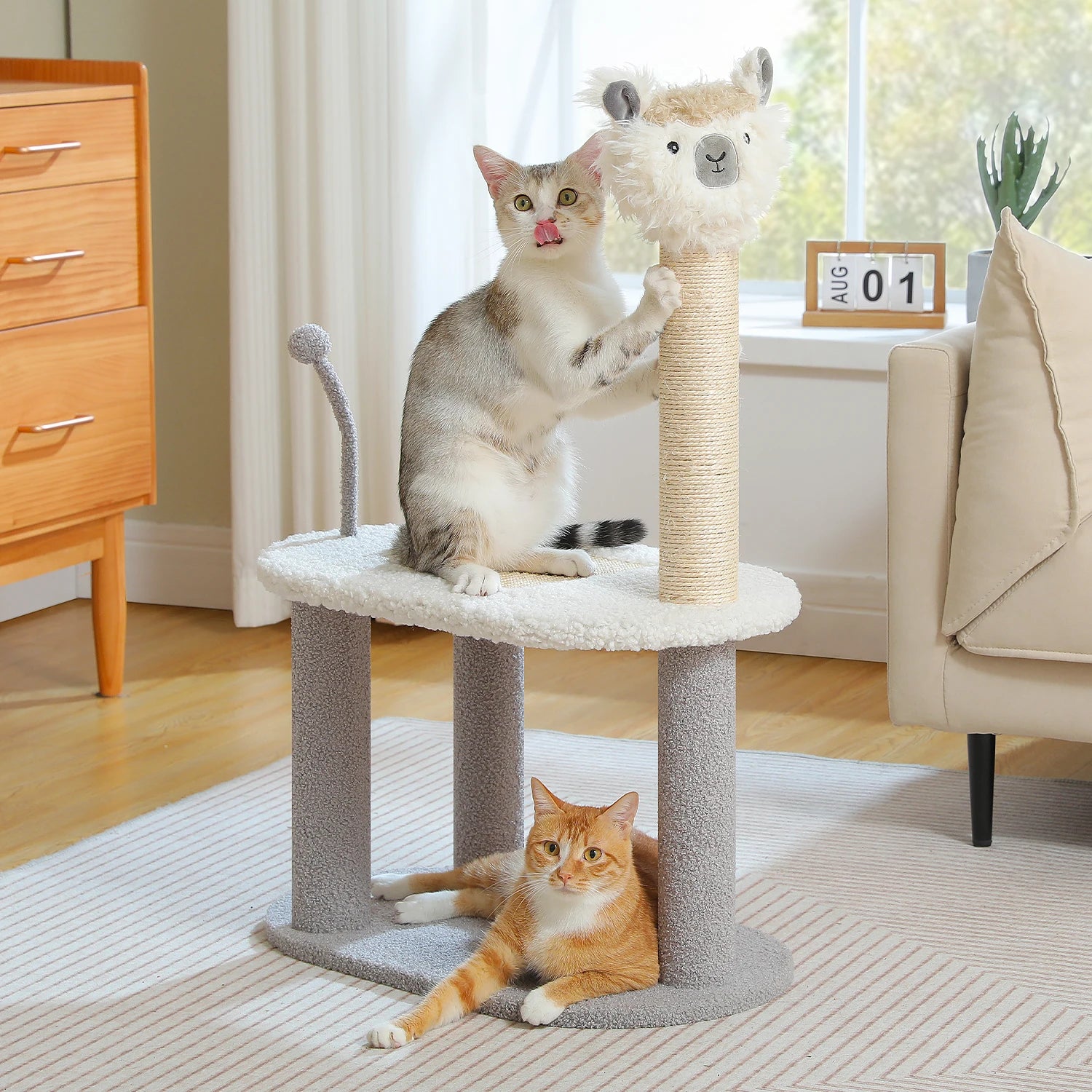 A playful cat scratching post featuring a llama head design, soft dual-level platforms, and a sturdy sisal-covered post, perfect for cats to scratch, lounge, and play.