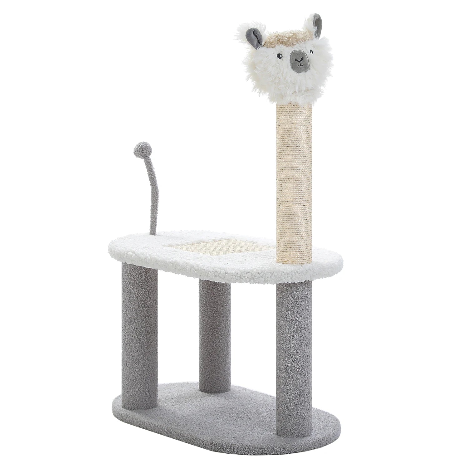 A playful cat scratching post featuring a llama head design, soft dual-level platforms, and a sturdy sisal-covered post, perfect for cats to scratch, lounge, and play.