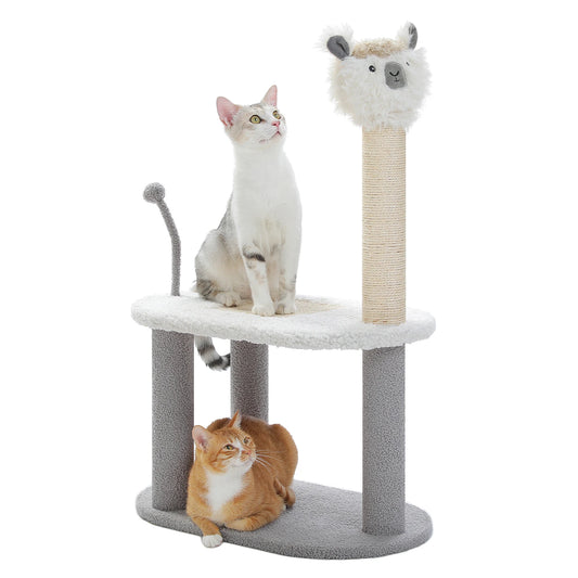 A playful cat scratching post featuring a llama head design, soft dual-level platforms, and a sturdy sisal-covered post, perfect for cats to scratch, lounge, and play.