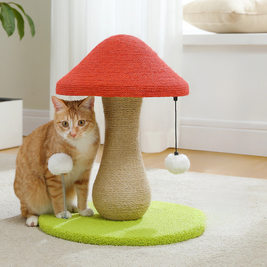 A mushroom-shaped cat scratching post with a vibrant red cap, sisal-wrapped base, and interactive pom-pom toys, displayed with an orange tabby cat playing nearby.